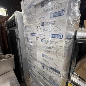 Cases of Fash'n Point guest towels, new in boxes, with Hoffmaster branding, model FP1207. Auction offers 52 boxes.