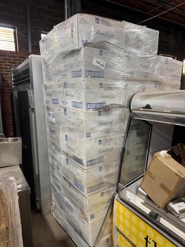 Cases of Fash'n Point guest towels in original boxes, shrink-wrapped. Brand new condition, multiple stacked cases.