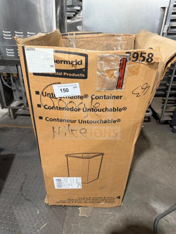 New Rubbermaid Poly Trash Container in box, Untouchable series. Box shows signs of wear, labels indicate model and details.