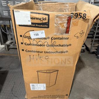 New Rubbermaid Poly Trash Container in box, Untouchable series. Box shows signs of wear, labels indicate model and details.
