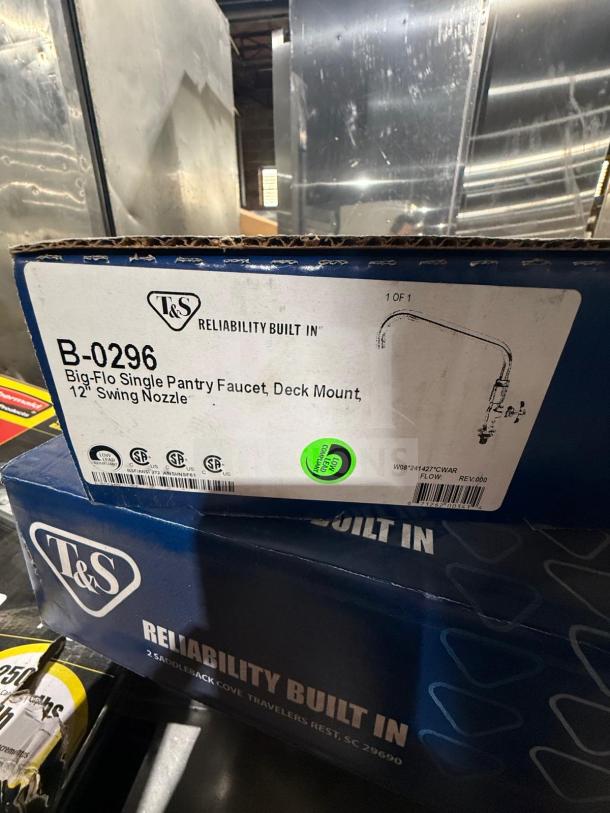 New T&S add-on faucet attachment in box, model B-0296, includes 12" swing nozzle, deck mount, pristine condition.