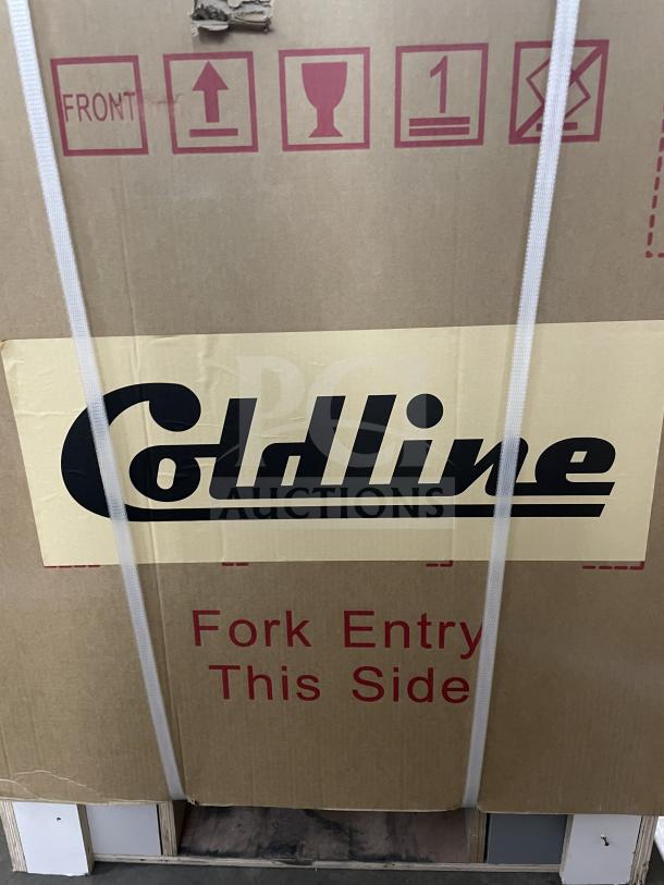 Boxed Coldline Commercial Stainless Steel Refrigerated Prep Table, Model SMP27. Brand new with casters, labeled for fork entry.
