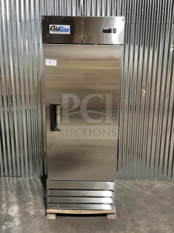 Coldline C19F Reach-In Freezer, 29" stainless steel, new condition, solid door, wired rack, 115V, serial 005677987870352312.