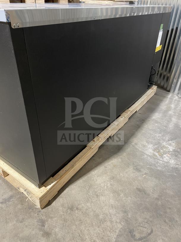 Brand new Hoshizaki HBB3GLD69 double glass door back bar refrigerator with black vinyl finish and stainless steel worktop.