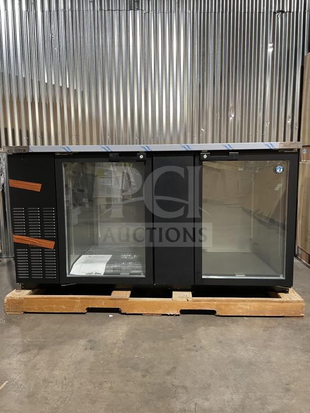 Brand new Hoshizaki double glass door bar refrigerator, model HBB3GLD69, black vinyl, stainless steel top, wired rack.