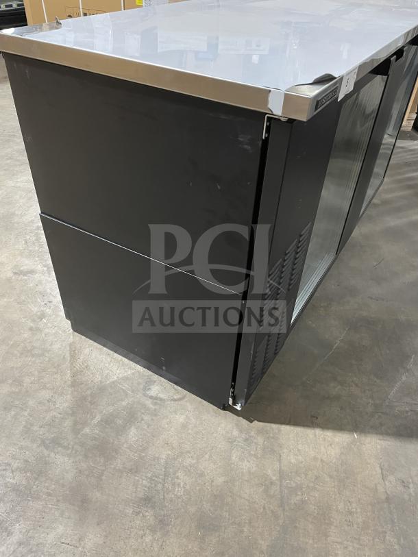Hoshizaki HBB3GLD69 commercial black vinyl double glass door back bar refrigerator, brand new, stainless steel worktop.