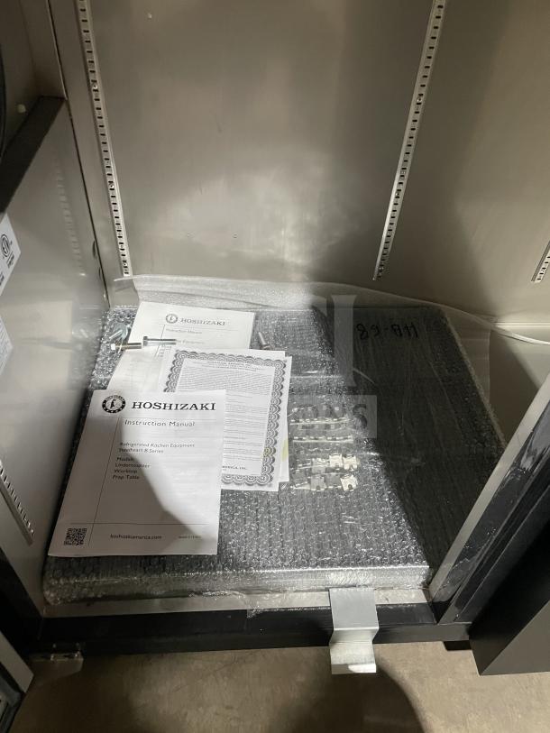 Hoshizaki commercial black vinyl double glass door fridge, model HBB3GLD69, brand new, with stainless steel worktop and wired rack.