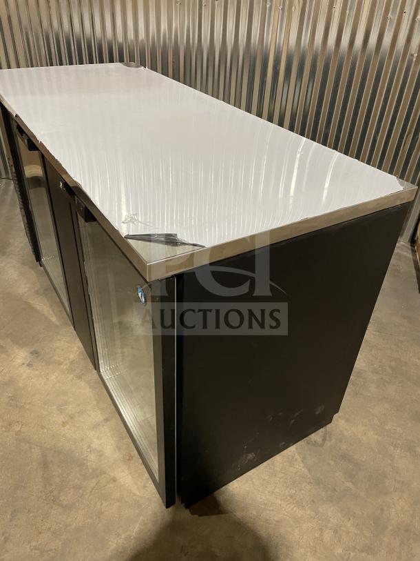 Hoshizaki black vinyl double glass door fridge, model HBB3GLD69, stainless steel worktop, wired rack, new condition.