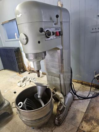 HOBART N-802 80Qt commercial mixer, 230V, with attachments. Features control panel, signs of wear on the body, heavy-duty construction.