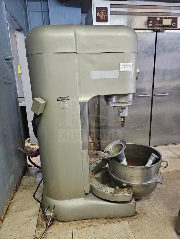 HOBART N-802 80Qt Commercial Mixer, 230V, with attachments. Sturdy condition, visible wear, for heavy-duty mixing tasks.