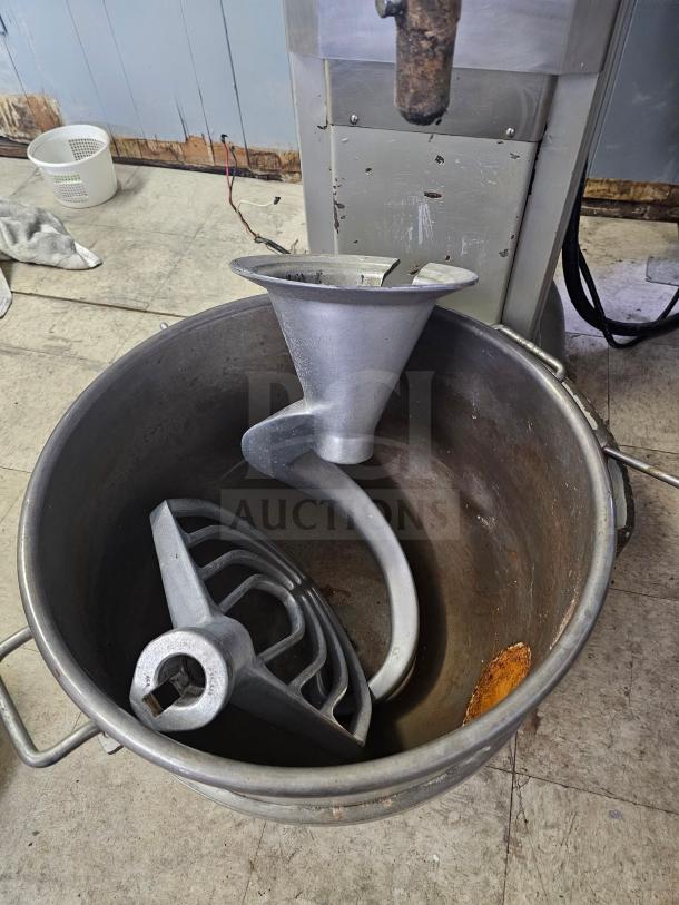 HOBART N-802 80Qt Commercial Mixer with attachments, 230 volts, visible wear, stainless steel, included dough hook and beater.
