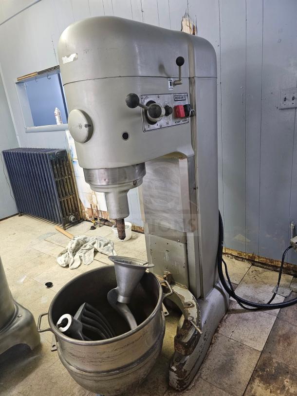 HOBART N-802 80Qt commercial mixer with attachments, 230 volts, metal construction, worn condition, visible controls and markings.
