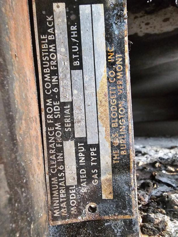 Blodgett 981 Natural Gas Double Deck Oven label showing model, serial number 47369-7, and input requirements.