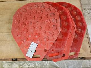 Red industrial bakery divider-rounder molding plates, circular pattern, good condition, auction tag attached.