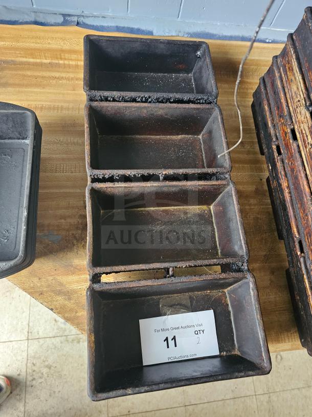 4-strap bread loaf pan, vintage, well-used condition with visible rust, rectangular shape, auction tag marked "11, QTY 2."
