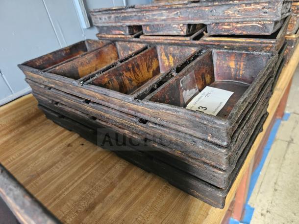 Vintage metal baking pan set, weathered condition, with multiple compartments. Number "3" tag visible.