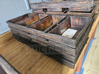 Vintage metal baking pan set, weathered condition, with multiple compartments. Number "3" tag visible.