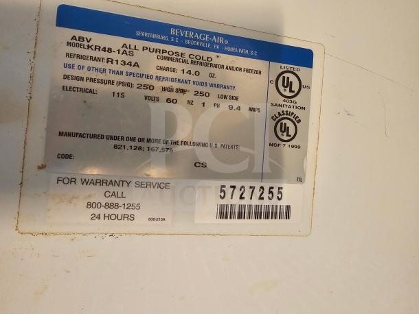 Beverage-Air KR48-1AS label showing model details, refrigerant type R134A, and service contact information.