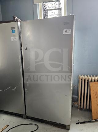 FRIGIDAIRE single door freezer, gray, missing handle, used condition, model number on label not visible, lot tag 20.