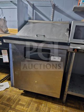 TRUE TWT-27 Single Door Sandwich Table, stainless steel, commercial grade, slight wear, auction label marked "24".