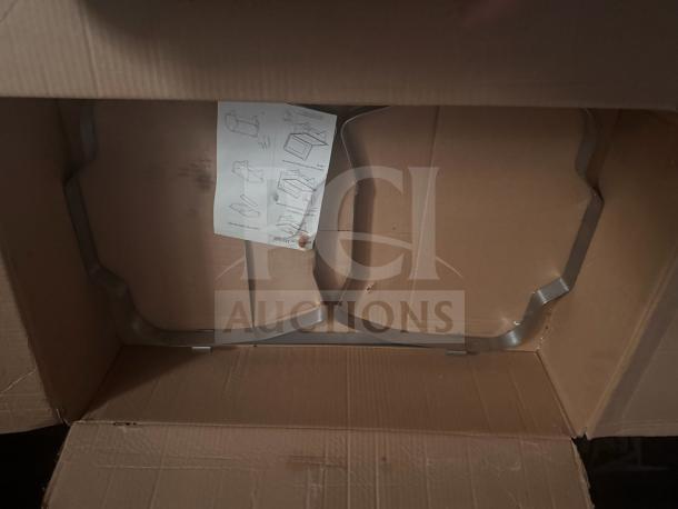 Full size stainless steel chafer in a cardboard box, partially assembled. Instruction manual visible. Excellent condition.