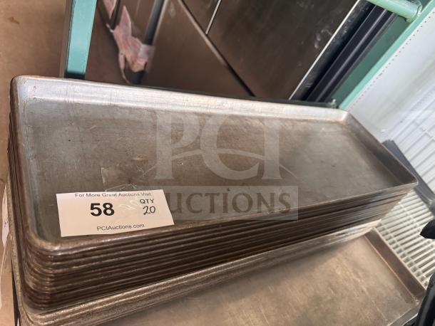 1/2 size long bakery display tray, metal, used condition, visible signs of wear. Auction tag "58, QTY 20".