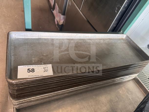 Metal 1/2 size long bakery display tray, used condition, lot number 58, quantity 20 indicated on label.