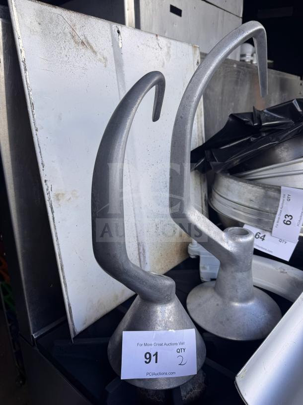 HOBART 30QT & 40QT spiral dough hooks, commercial grade, metal, used condition, auction tag visible as "91 QTY 2".