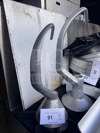 HOBART 30QT & 40QT spiral dough hooks, commercial grade, metal, used condition, auction tag visible as "91 QTY 2".