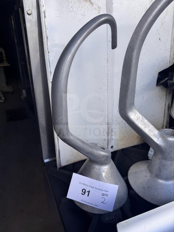 HOBART 30QT & 40QT commercial spiral dough hooks in metal, shown in good condition, auction tag marked 91, qty 2.