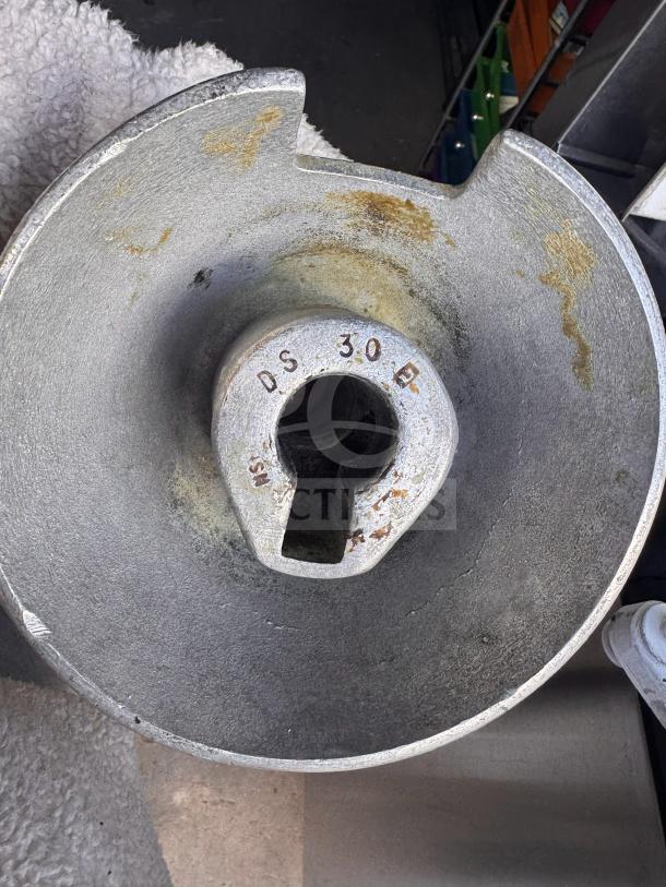 HOBART commercial spiral dough hook for 30QT & 40QT mixers, marked "DS 30 E", shows signs of wear, metal surface visible.