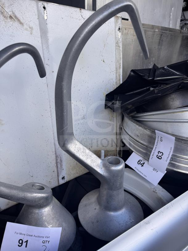 HOBART 30QT & 40QT commercial spiral dough hooks, metal construction, in used condition, auction tags visible.