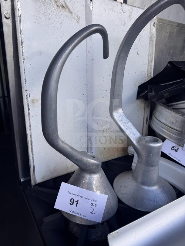 HOBART 30QT & 40QT spiral dough hooks, commercial-grade, metal, slightly used condition, auction tag indicates quantity 2.