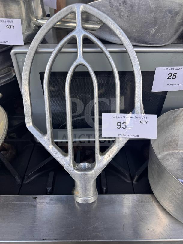 Hobart 60QT commercial mixer flat beater paddle, metal, lightly used, auction tag attached with information.