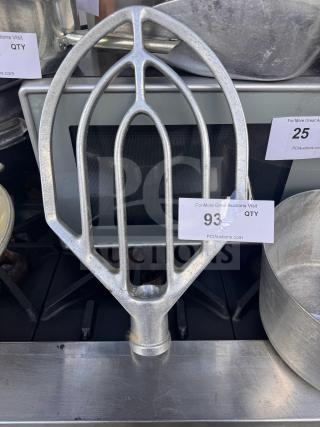 Hobart 60QT commercial mixer flat beater paddle, metal, lightly used, auction tag attached with information.
