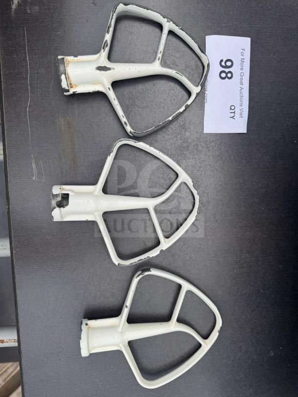 Lot of 3 KitchenAid stand mixer flat beater paddles, used, visible wear and chipping, auction tag 98 included.