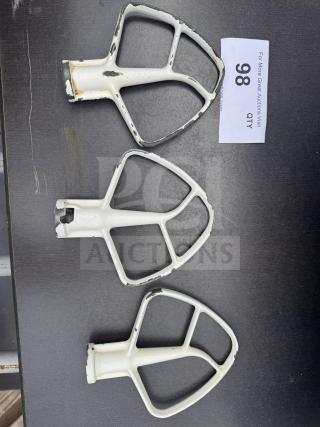 Lot of 3 KitchenAid stand mixer flat beater paddles, used, visible wear and chipping, auction tag 98 included.