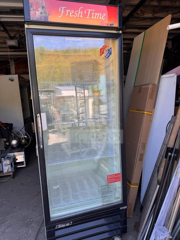 Turbo-Air TGM-22CR single door cooler merchandiser, "Fresh Time" sign, tested, working condition, glass door, three shelves.