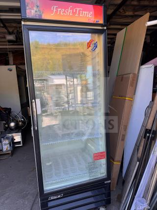 Turbo-Air TGM-22CR single door cooler merchandiser, "Fresh Time" sign, tested, working condition, glass door, three shelves.