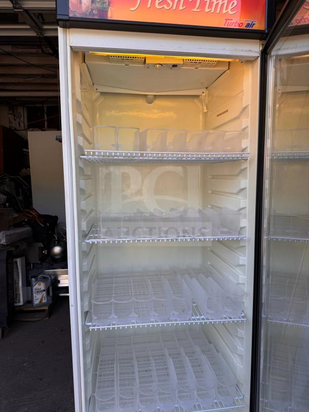 Turbo-Air TGM-22CR single door cooler merchandiser. Tested, working; features glass front, multiple shelves, optimal condition.