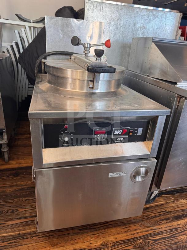 BKI FKM-F commercial electric pressure fryer, 208 volts, stainless steel, control panel, used condition.