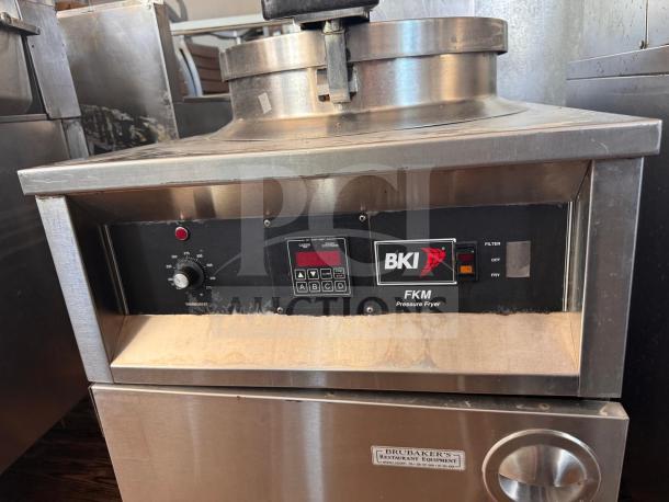 BKI FKM-F commercial electric pressure fryer, 208V, stainless steel, digital controls, used but in good condition.