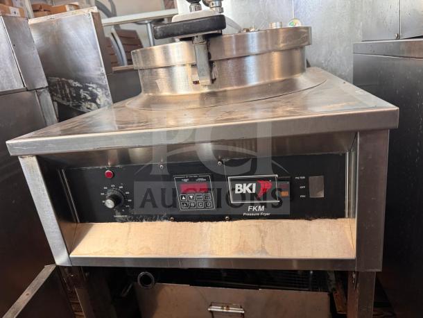 BKI FKM-F commercial electric pressure fryer, 208 volts, stainless steel, front control panel, used condition.