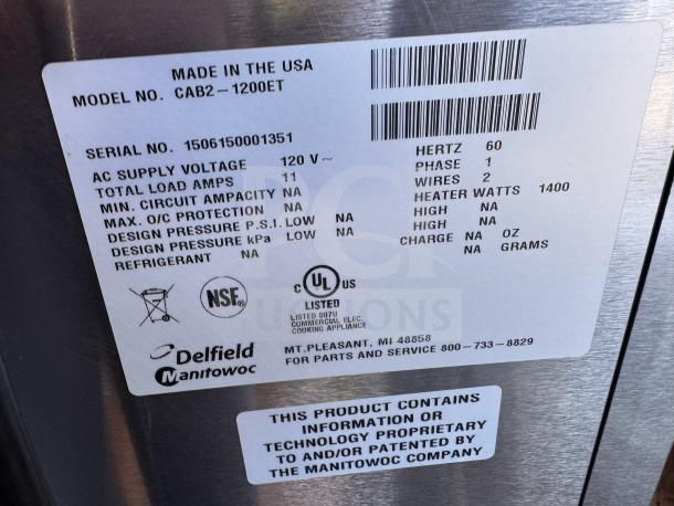 Delfield CAB2-1200ET Mobile Two Stack Dish Dispenser label, showing model, serial number, power specs, and certifications.