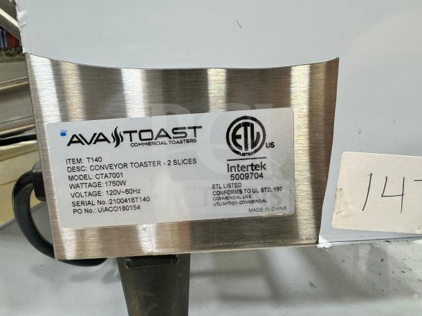 AvaToast CTA7001 Commercial Conveyor Toaster, 2-slice capacity, 1750W, 120V-60Hz, ETL listed, serial 2100418T140.