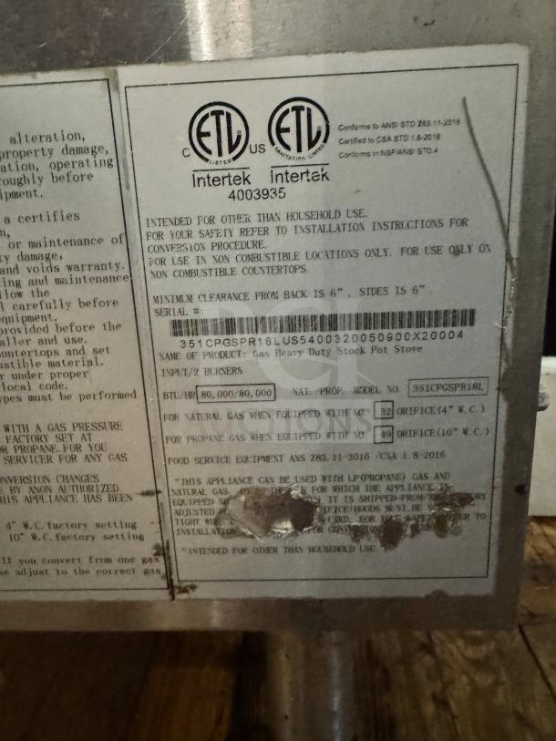 Close-up of a CPG Natural Gas Stock Pot Range label. ETL certified, model 351CPGSPR18L, suitable for non-combustible areas.
