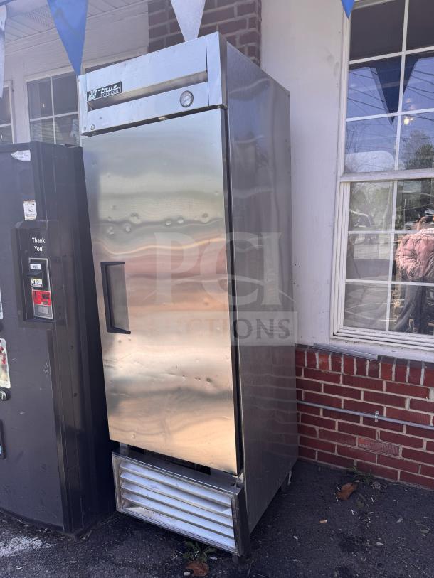 True T23-F Solid Door Freezer, stainless steel, tested and working, features single solid door, exterior thermometer.