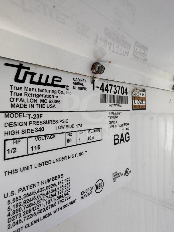 True T23-F Solid Door Freezer, in working condition. Made in USA. Model and serial numbers visible, NSF and UL certified.