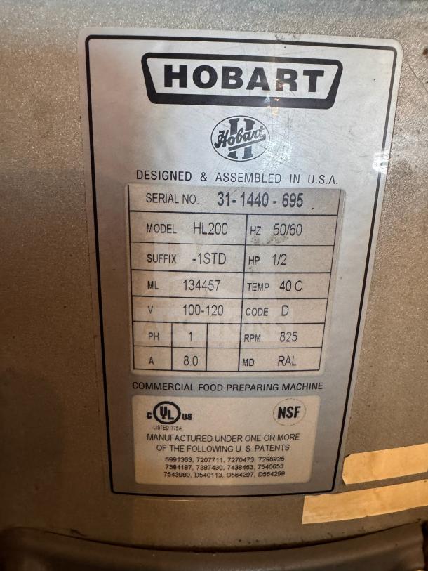 Hobart HL200 Legacy 20-Quart mixer, tested working, crack on right side. Model, serial, and specs label shown.