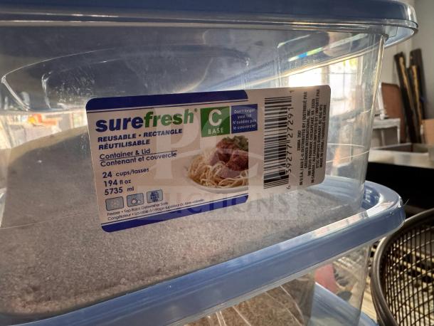 SureFresh reusable rectangular food container with lid, 24 cups capacity, 194 fl oz, freezer and dishwasher safe.